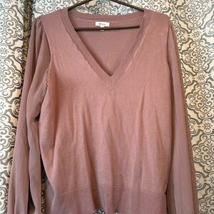 Reitmans Dusty Mauve V-Neck Sweater with Sheer Pleated Sleeves